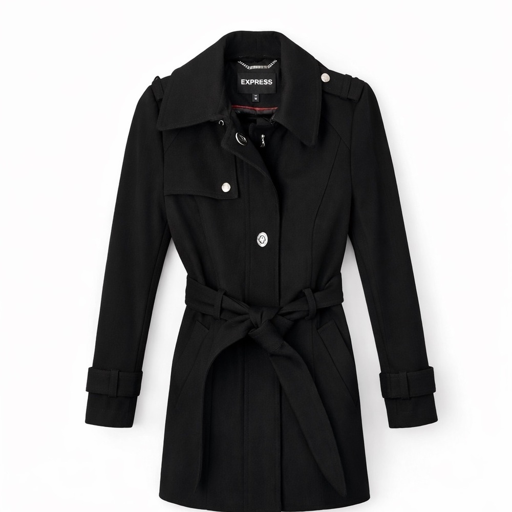 Express Black Wool Blend Belted Military Peacoat Short Trench Jacket NWOT